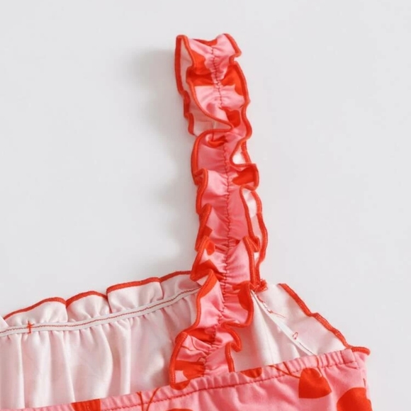 XS Shein Runched Milkmaid Pink Bodycon Dress with Red Hearts and Ruffled Straps - Picture 5 of 10